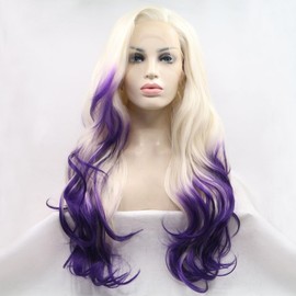 Xiweiya Platinum Blonde Synthetic Lace Front Wigs Ombre Purple Long Wavy Wig Extensions Heat Resistant Fiber High Density Wigs for Women in 24inch