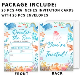 Fbitey Oneder the Sea Birthday Invitations with Envelopes, Under the Sea Birthday Party Invites, Ocean Animals Whales Birthday Party Supplies Decorations & Favor-C09