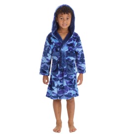 Metzuyan Boys Hooded Dressing Gown Pluish Fleece Robe Printed Bathrobe Blue Shark 9-10 Years