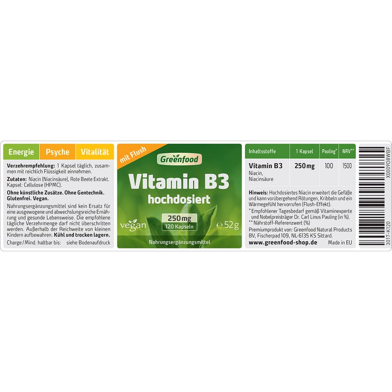 Greenfood - Vitamin B3 (Niacin) - 250 mg - Extra