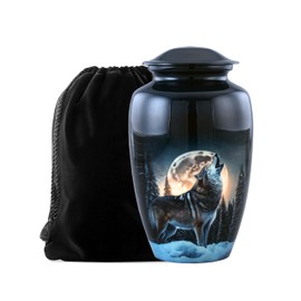 Midnight Wolf Urn with Velvet Bag, Cremation Urns for Human Ashes, Urns for Adult Male & Female, Decorative Urns, Funeral Memorial Urns, Wolves Cremation Urn for Ashes,Adult Urn - (Large Urn)