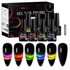 MTSSII Cat Eye Gel Nail Polish Set 8 Pcs, Neon Light Strip Magnetic Gel Polish Kit Colorful Glass Cat Eye Gel Polish with Black Gel, Base Top coat and Magnet Salon DIY at Home