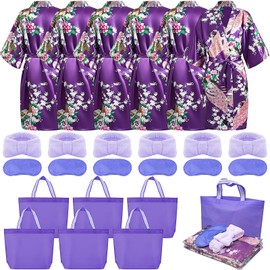 Kids Spa Party Set for Girls - Includes 6 Robes, 6 Headbands, 6 Eye Masks, 6 Tote Bags (Purple, Size 12)