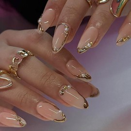 24Pcs Gold French Tip Press on Nails Medium Almond Fake Nails with Pearl Designs 3D Pearl Rhinestones Design Gold Edge Glossy False Nails Nude Acrylic Glue on Nails Reusable Stick on Nail for Women