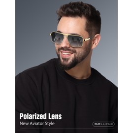 LUENX Aviator Sunglasses for Men Square Polarized Polygon Shades Driving UV 400 Protection 60mm-Gradient Grey Lens Gold Metal Frame Glossy Temple
