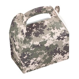Restaurantware Bio Tek 6 x 3.5 x 3.5 Inch Gable Boxes For Party Favors, 25 Attractive Gift Boxes - Camouflage Print, With Built-In Handle, Paper Barn Boxes, Disposable, For Parties