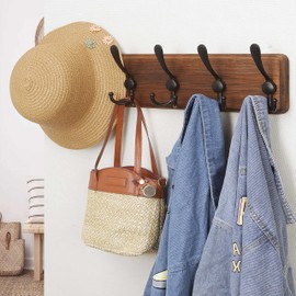 Dseap Coat Rack Wall Mounted - 5 Tri Hooks, Heavy Duty, Wooden Wall Coat Hanger Coat Hook for Clothes Hat Jacket Clothing, Natural & Black, 2 Packs