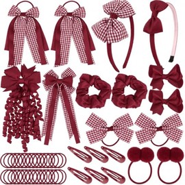 50Pcs Dark Red Hair School Kit Bow Hair Clips Red Headband Elastic Headbands Ribbon Ponytail Holder School Hair Accessories Red for Girls Christmas Birthday Gift