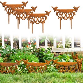 Sungmor Decorative Cast Iron Garden Edging Border, 4 Pack Rustic Brown Landscape Edging Low Picket Fence, 9.9inch Tall Outdoor Flower Bed Lawn Fence Panels, Vintage Metal Yard Decor Stakes