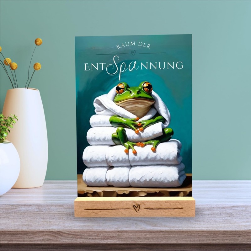 Frog Shield Wellness Towel Relaxation Frog Decorative Bathroom Wooden Stand