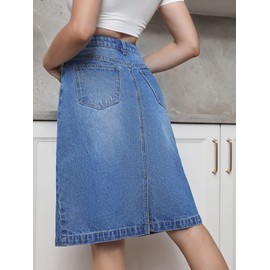 SweatyRocks Women's Casual High Waist Jean Skirt Split Back Straight Hem Knee Length Denim Skirts Medium Wash M