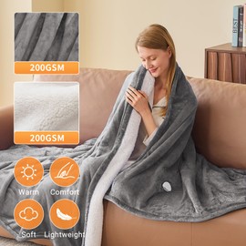 DANENOSA Electric Heated Blanket Throw Size 50''x60'' Soft Flannel & Sherpa Electric Blanket with 10 Heating Levels, Automatically Shut Down After 8h with Overheat Protection Machine Washable