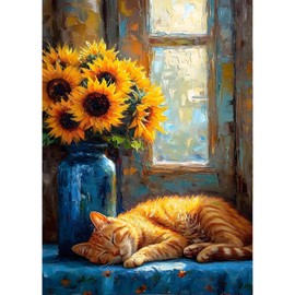 QINRUBB DIY Sunflower Diamond Painting Adults, 5D Flowers Diamond Painting Pictures Beginners, Kitten Round Full Drill Diamond Painting Embroidery Cross Stitch Gifts Home Wall Decor 30 x 40 cm