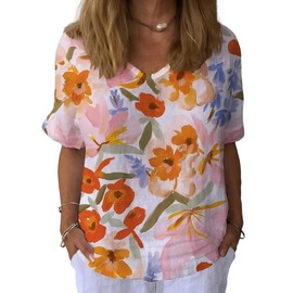 Wudlads Womens Floral Plants Shirts Summer Short Sleeve Tops Cotton Linen Tshirt Trendy Boho Flower Graphic Tee Tops(Orange,Small)