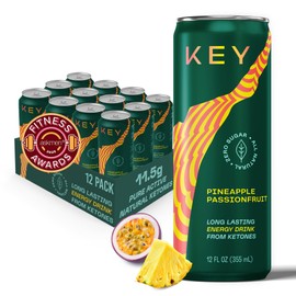 KEY Ketone Drink - Ketones for Energy & Focus, Sugar Free & Low Caffeine from Green Tea with L-Theanine, No Crash or Jitters, All Natural, Lightly Carbonated, Pineapple Passionfruit (Pack of 12)