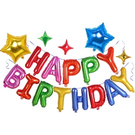 Rainbow Birthday Balloons Banner, 3D Mylar Foil Happy Birthday Balloons, 26pcs Birthday Party Decorations with 8pcs Star Balloons for Kids Girls Boys Women Adults Birthday Party Supplies