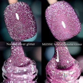 MIZHSE Reflective Pink Gel Nail Polish, Glitter Gel Polish Sparkly Shiny Nail Gel, Soak Off Nail Art Varnish Manicure DIY at Home