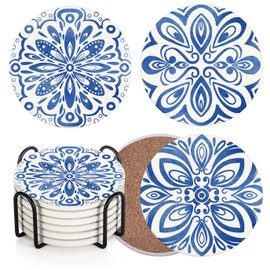 Coaster for Drinks Set of 6, Floral Ceramic Blue Mandala Flower Absorbent Round Ceramic Stone Mat, with Cork Base and Metal Holder, Gift for Housewarming Room Bar Decor