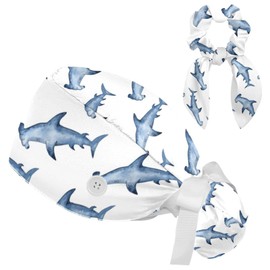 Medical Caps for Women with Bow Scrunchies,Long Hair Working Caps Adjustable Tie Back Hat, Hammerhead Shark Pattern Bouffant Scrub Hats