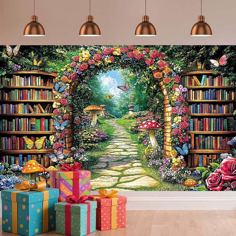 Fairy Library Backdrop,Magic Bookshelf Garden Reading Theme Party Banner,Enchanted Forest