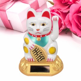 Cryfokt Solar Powered Maneki Neko Lucky Cat, White, Traditional Cultural Style, Solar Waving Arm, Premium Plastic Material, Office Desk, Window, Car Dashboard Decor