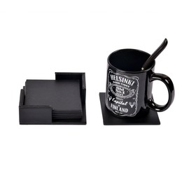 Leather Coasters Set of 6 with Holder,Cup Mat Pad for Home and Kitchen Use (Square Black)