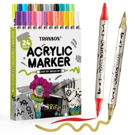 Transon 24 Colors Bold and Brush Dual-tip Acrylic Paint Marker Pen Set for Canvas Rock Wood Leather Ceramic DIY Painting