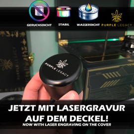 PURPLE LEGACY Premium Container Made of Aluminium Tin, Waterproof, Airtight, Diameter 63 x 45 mm, UV Light Protected, Odourproof (Black Large)