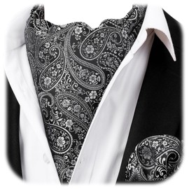 HISDERN Black Ascot Ties for Men Formal Paisley Floral Fashion Print Cravat Scarf and Pocker Square Set for Wedding Party Prom