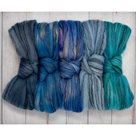 SPINNING FIBER Super soft BFL Wool Top Roving drafted for hand spinning with drop spindle or wheel, felting, blending and weaving. Variegated hand dyed mini skeins. 5 Ounce DISCOUNT PACK, Blues