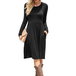 DB MOON Women Casual Long Sleeve Dresses Empire Waist Loose Dress with Pockets (Black, XL)