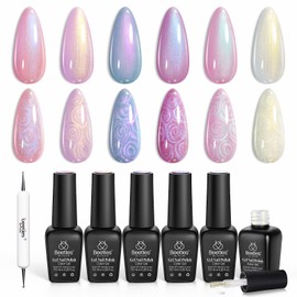 Beetles Pearl Gel Nail Polish, 6 Colors Shimmer Pearl White Pink Purple Mermaid Nail Drawing Spring Summer Gel Polish Soak Off Uv Led Gel Polish Swirl Shell Thread Effect DIY Manicure Gift for Mom