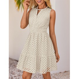 ZESICA Women's Summer Sleeveless Mini Dress V Neck Hollow Out Eyelet High Waist A Line Swing Short Party Dresses,Apricot,X-Large