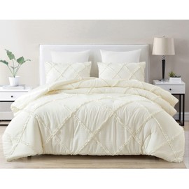 Chezmoi Collection Vivian 3-Piece Diamond Ruffle Quilted Trim Soft Washed Microfiber Comforter Set (Full, Ivory)