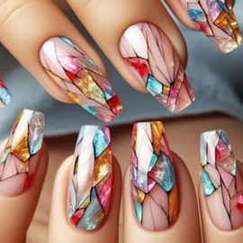 24Pcs Summer Press on Nails Coffin Fake Nails Irregular Colored Glass Geometric Patterns Design Medium Ballet Shaped False Nails Acrylic Stick on Nails Full Cover Glue on Nails for Women