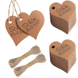 Pack of 200 Heart Labels, Gift Tags, Price Tags, with 20 m Rope, for Valentine's Day Gift Tags, Wedding Gifts, Craft Deco (Brown)