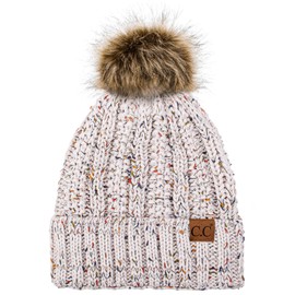 C.C Exclusives Fuzzy Lined Knit Fur Pom Beanie Hat (YJ-820) (Confetti Oatmeal)