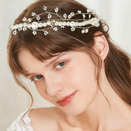 Campsis Bride Pearl Headpiece Gold Flower Headband Bride Floral Hair Accessories Bridesmaid Bridal Wedding Prom First Communion Birthday Photography for Girls and Women