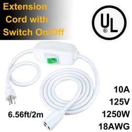 Heavy Duty 6.56 FT Long Extension Cord with LED Light Switch On/Off, 10A 125V 1250W SJTW 18AWG AC Electrical Power Cord,Indoor Use, UL Listed
