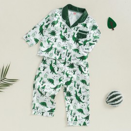 Honganda 2 Pieces Kids Toddler Baby Boy Dinosaur Pajamas Set Long Sleeve Dino Pjs Silk Nightwear Satin Loungewear Outfit (Green, 3-4 Years)