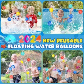 2024 New Reusable Floating Water Balloons with Water Bucket, Quick Fill Magnetic Refillable Water Balloons, Pool Toys for Kids,Summer Water Toys for Ages 45678 for Party Pool Beach Bath(8 Pack)