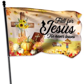 Bandera de otoño para Jesús He Never Leaves de 3 x 5 pies, bandera de espantapájaros de calabaza, de poliéster para exteriores, bandera de Acción de Gracias de doble cara para exteriores, casa grande, decoración de pancarta para interiores y exteriores