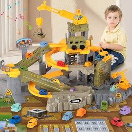 Charmofun Construction Site Vehicles, Car Racing Track, Truck Toy for Children with Excavator and Crane