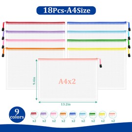 VVCOIIROEI 18pcs Mesh Zipper Pouch Bags, A4 Zipper Pouch, Mesh Bags With Zipper, Plastic Zipper Pouches, 9 Colors Zipper Pouches for Organizing, Board Game Storage, Travel, School Office organize