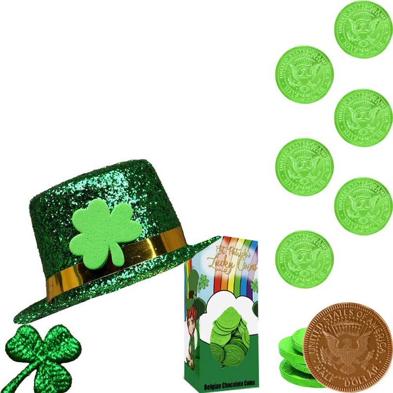 St. Patrick's Day Chocolate Coins Leprechaun Lucky Green Coins, Belgian