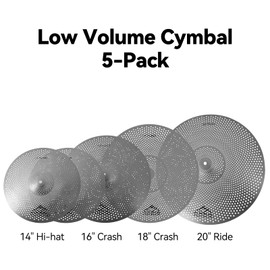 EASTROCK Low Volume Cymbal Pack - 5 Piece Set, 14" Hi-Hat + 16" & 18" Crashes + 20" Ride with Cymbal Bag and Felts