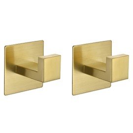Hallyware Self Adhesive Hooks 2 Pack SUS304 Stainless Steel Coat Robe Clothes Door Wall Hook with No Drilling for Bathroom and Kitchen,Brushed Gold