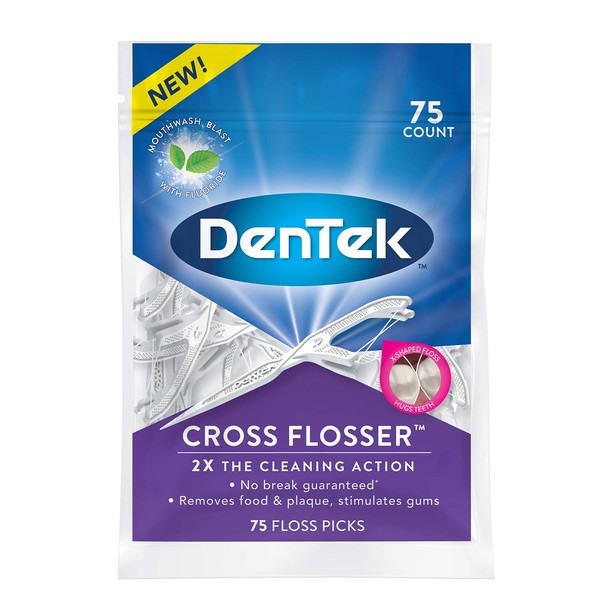 DenTek Cross Flosser Floss Picks, X-Shaped Floss Hugs Teeth, 75 Count