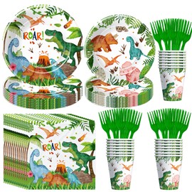 Suhelkit Dinosaur Birthday Decorations Tableware - Dino Dinosaur Birthday Party Supplies For Kids, Paper Plate, Cup, Napkin, Disposable Fork, Dinosaur Party Decorations For Baby Shower | 24 Guests