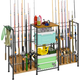 3-Sided Fishing Rod Rack for 24 Rods, Freestanding Fishing Rod Holder with Wood Top Shelf & Hooks, Heavy Duty Fishing Gear Organizer, Adjustable Feet, Rustic Metal Frame for Garage and Outdoor Storage